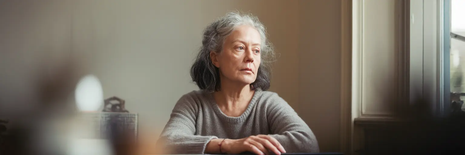 Older woman gazing thoughtfully by window indoors