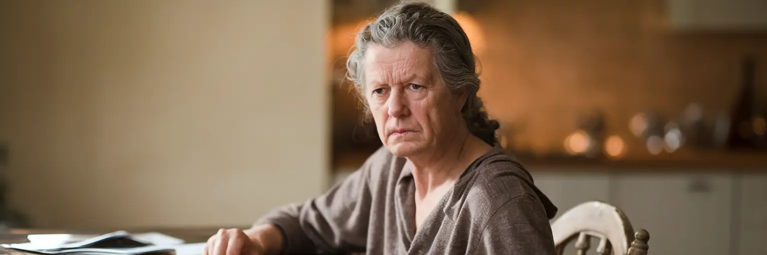 Serious older woman sitting at kitchen table