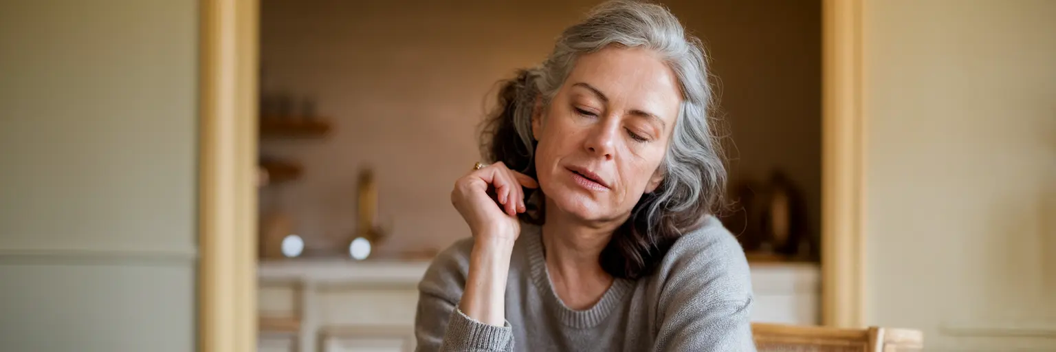 Woman sitting indoors with eyes closed, pensive expression
