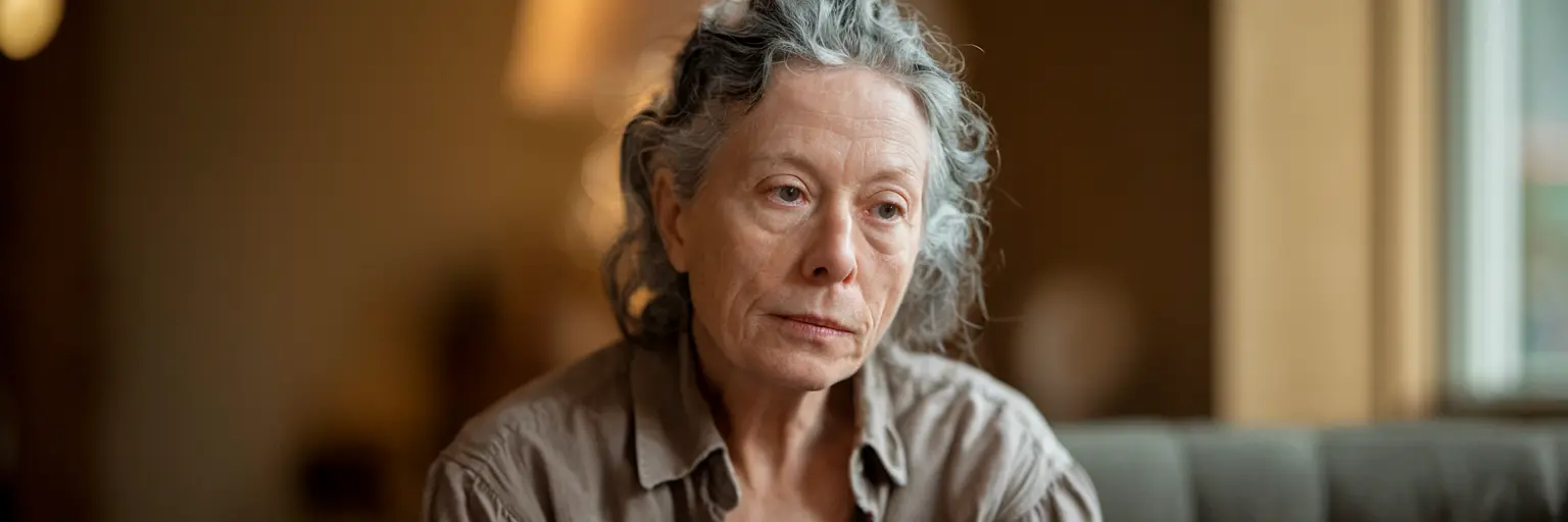 Elderly woman with gray hair looking thoughtful indoors