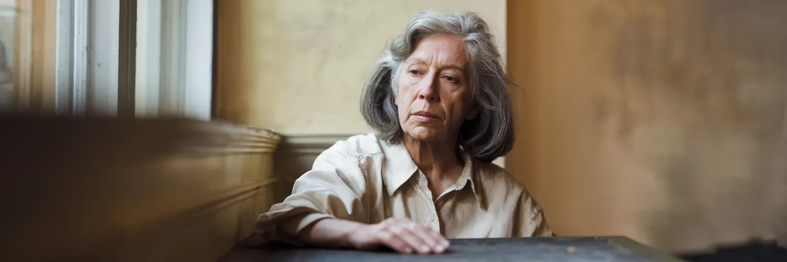 Elderly woman sitting by window looking contemplative