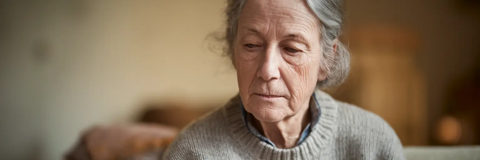 Elderly woman looking down indoors