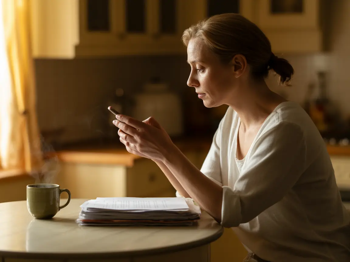Woman checking smartphone at kitchen table with coffee