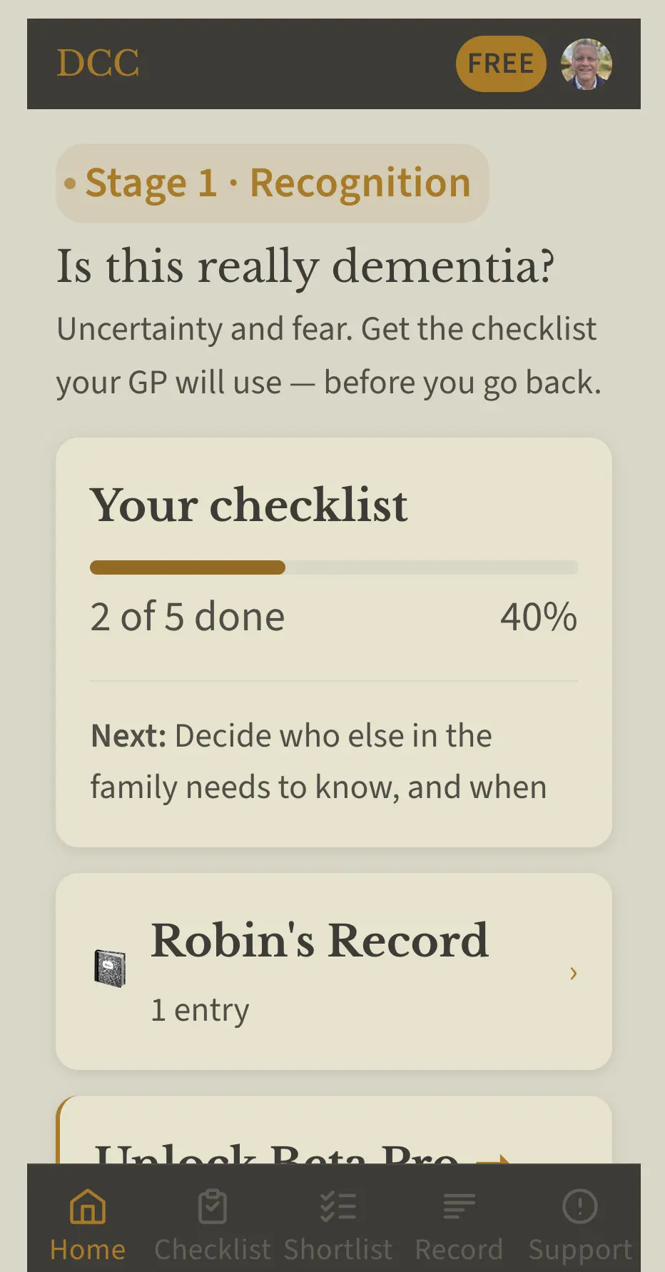 Dementia recognition checklist app screen