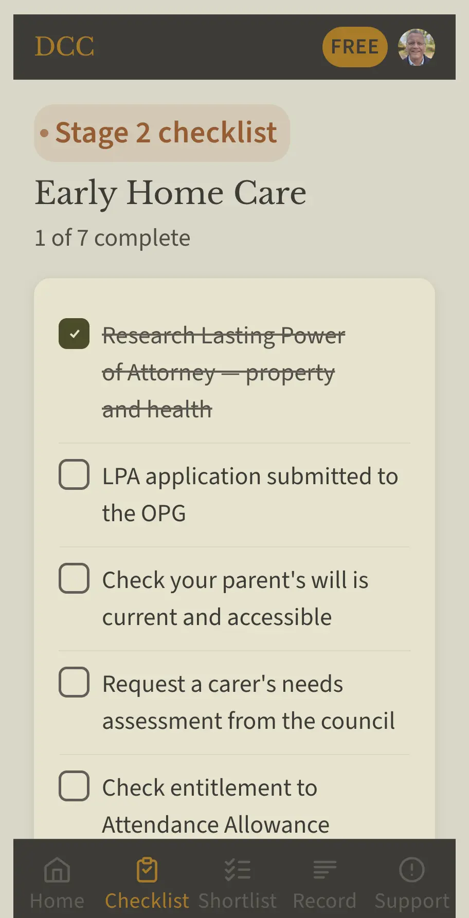 Early Home Care stage 2 checklist screen