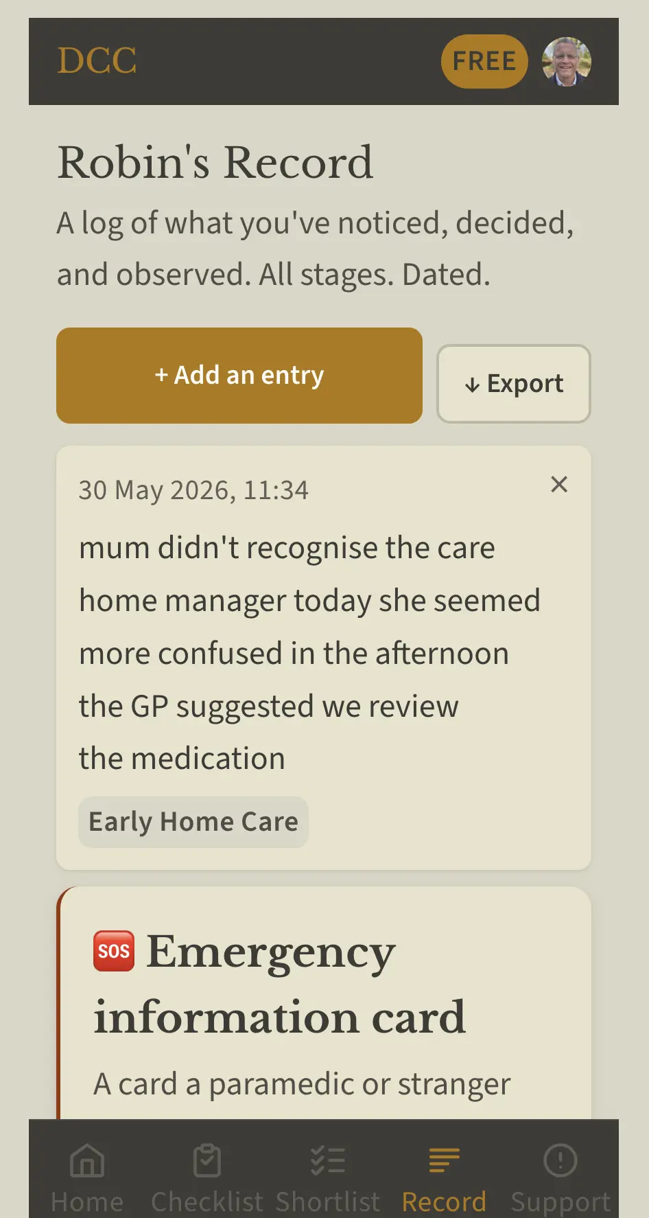 Care log app screen with dated entry