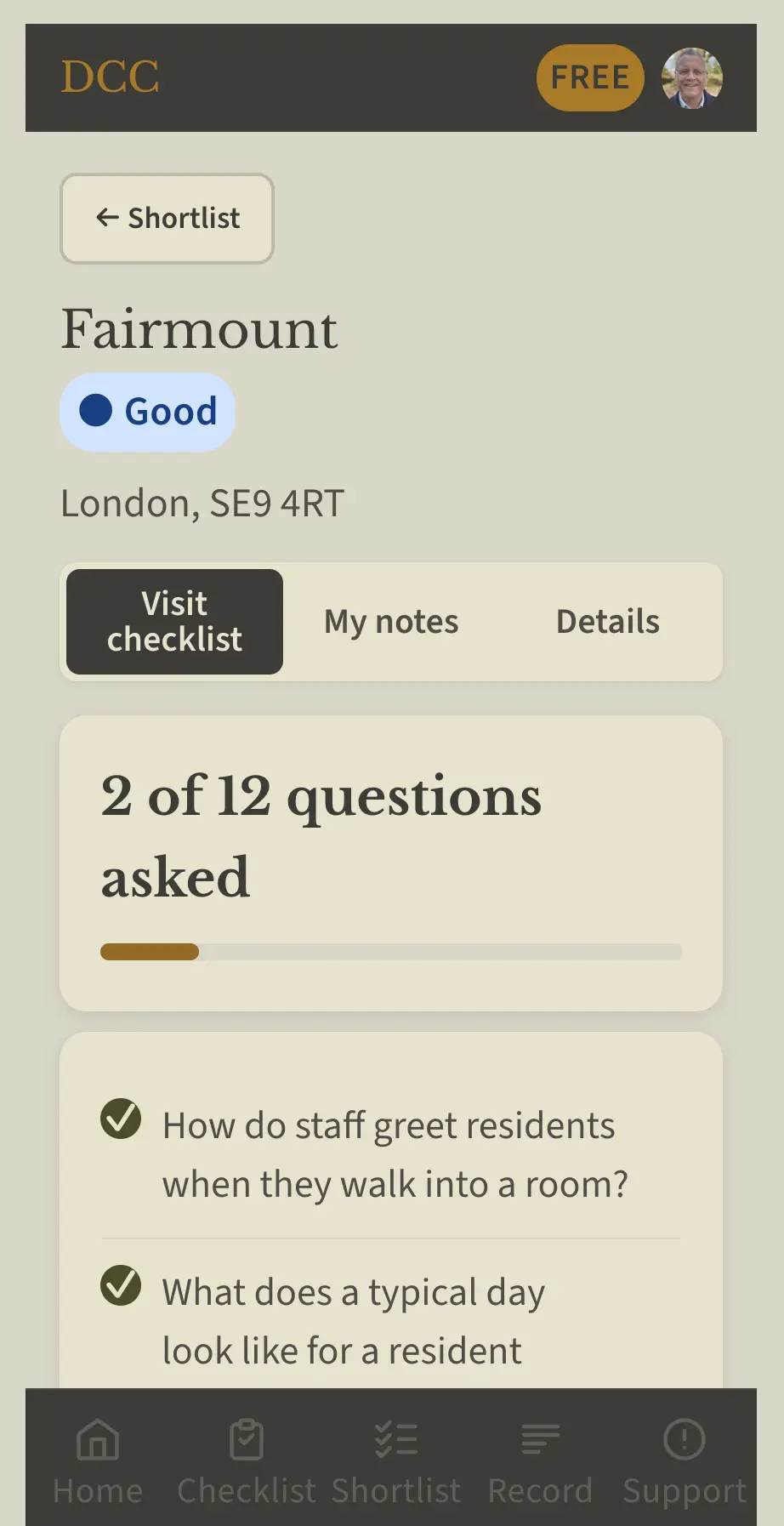 Care home checklist screen for Fairmount London