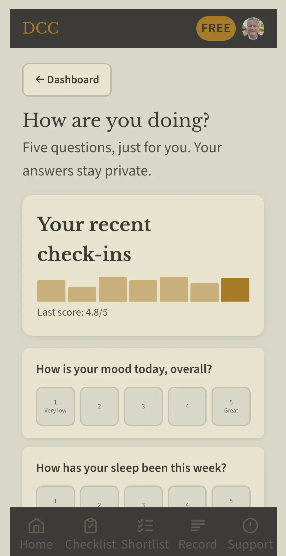 Wellness app dashboard with mood check-in survey