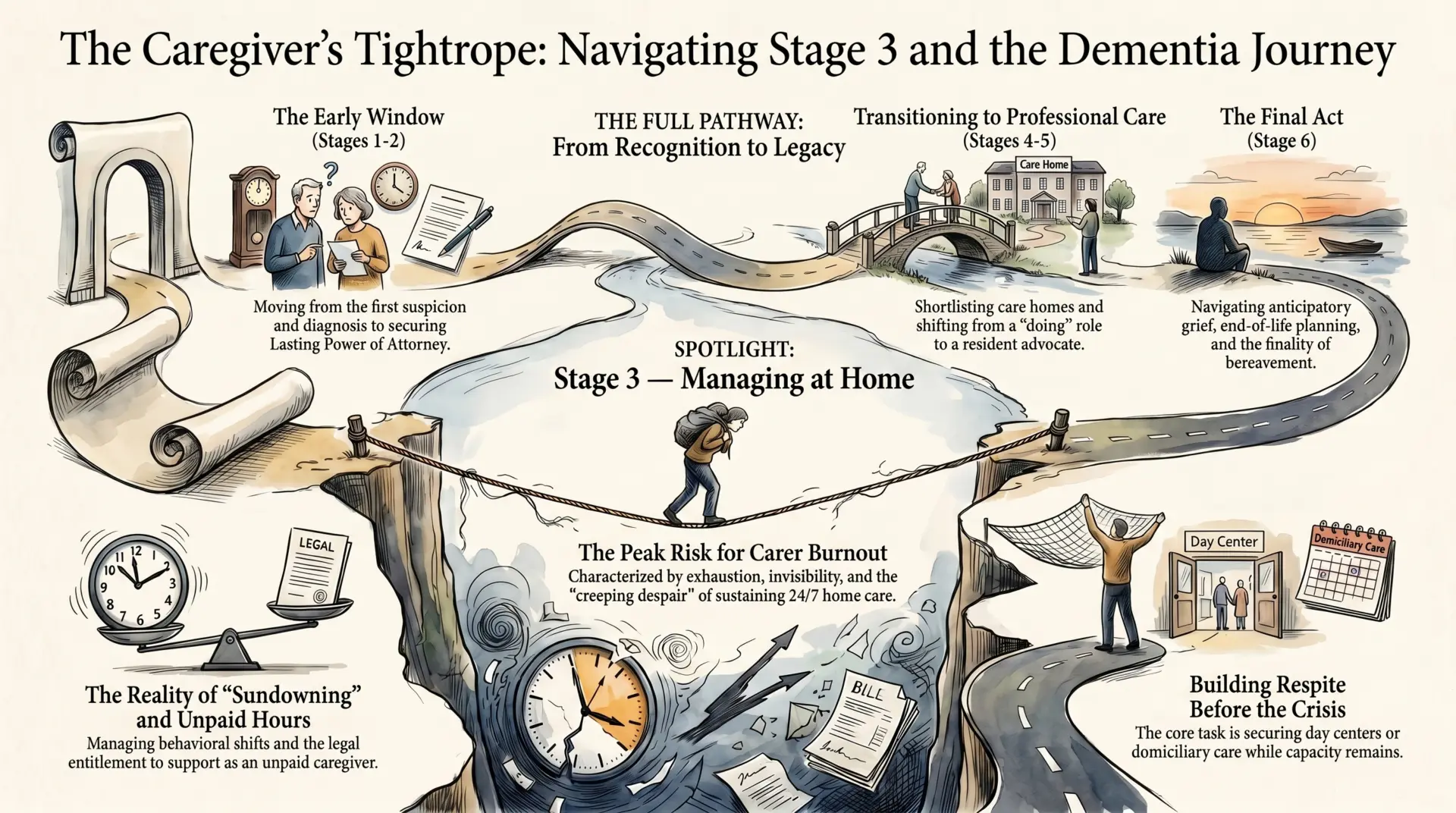 Infographic on dementia caregiving stages and burnout risk