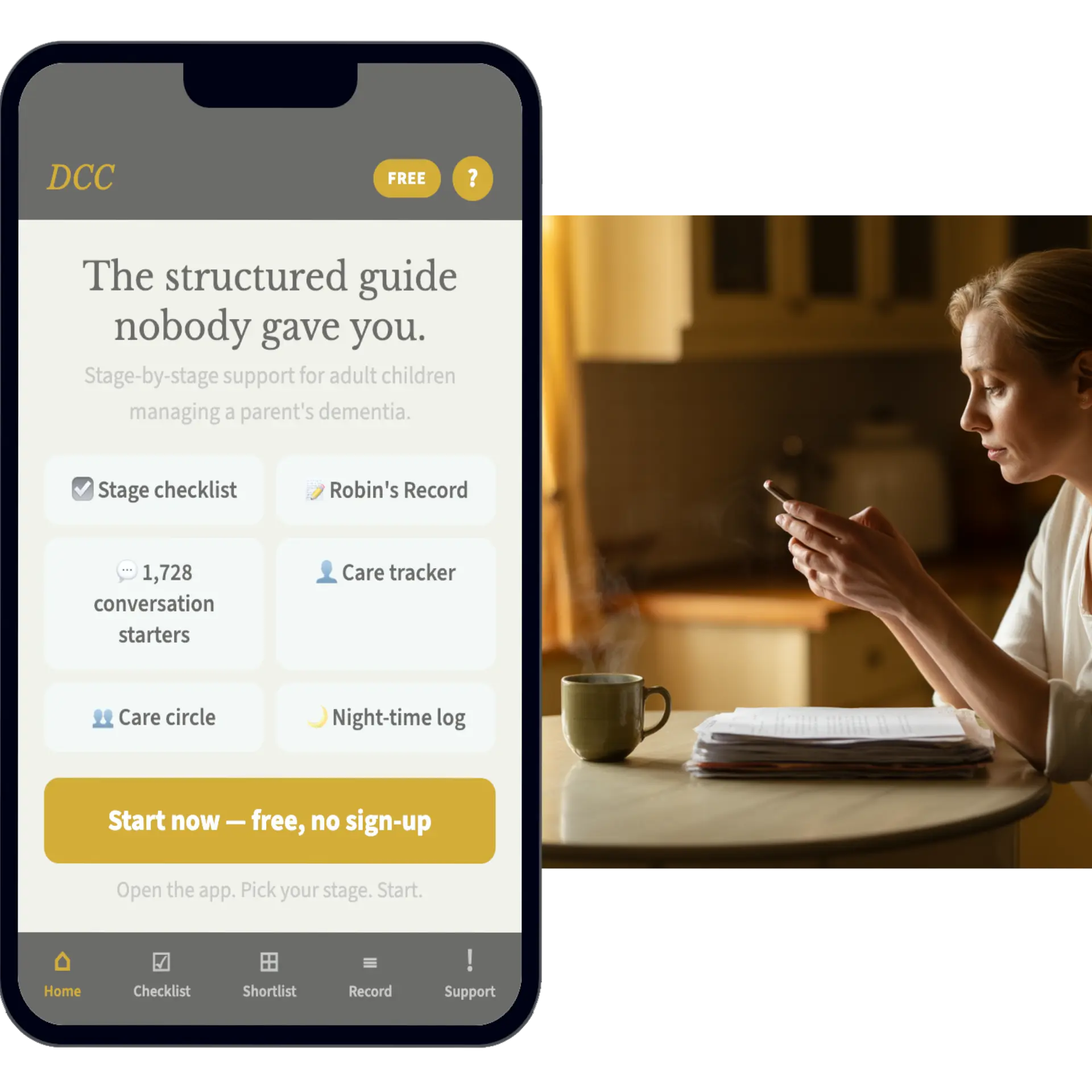 Dementia care app beside woman using smartphone